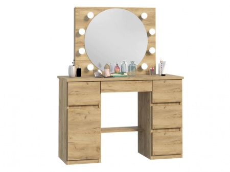 Masuta machiaj cu Oglinda LED si 5 Sertare pentru Cosmetice, Set Masa toaleta 120 cm, Stejar, masuta cosmetica, vanity - SEM520 - Img 4
