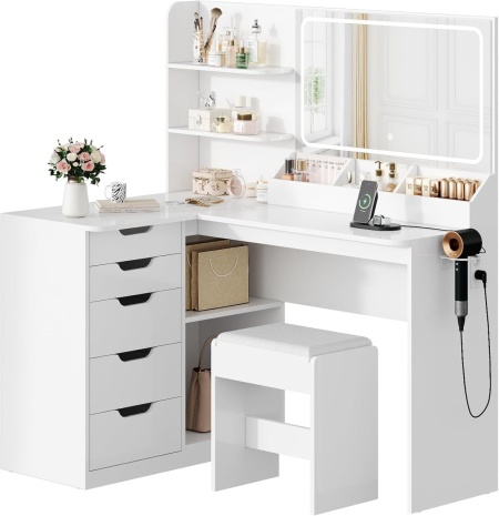 Masuta machiaj cu Oglinda LED si 5 Sertare pentru Cosmetice, Set Masa toaleta 120 cm, Alb, masuta cosmetica, vanity - SEA496 - Img 2