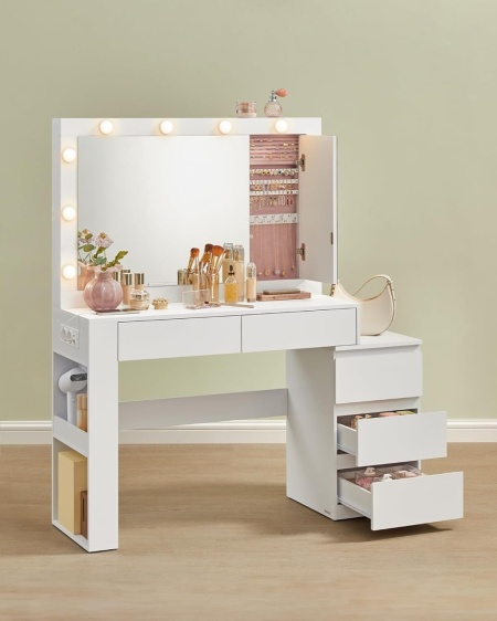 Masuta machiaj cu Oglinda LED si 5 Sertare pentru Cosmetice, Set Masa toaleta 125 cm, Alb, masuta cosmetica, vanity - SEA803 - Img 5