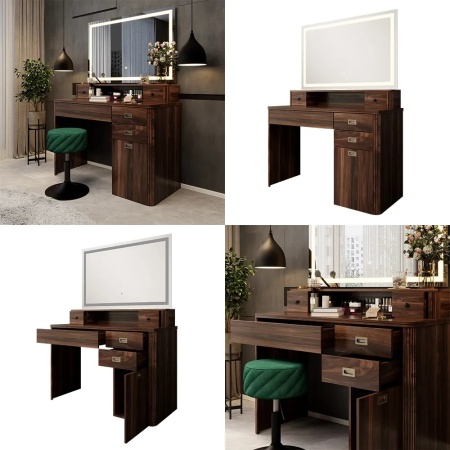 Masuta machiaj cu Oglinda LED si 5 Sertare pentru Cosmetice, Set Masa toaleta 115 cm, Maro, masuta cosmetica, vanity - SEM246 - Img 4