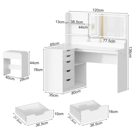 Masuta machiaj cu Oglinda LED si 5 Sertare pentru Cosmetice, Set Masa toaleta 120 cm, Alb, masuta cosmetica, vanity - SEA496 - Img 8