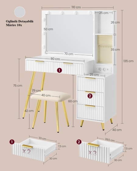 Masuta machiaj cu Oglinda LED si 5 Sertare pentru Cosmetice, Set Masa toaleta 110 cm, Alb, masuta cosmetica, vanity - SEA823 - Img 4