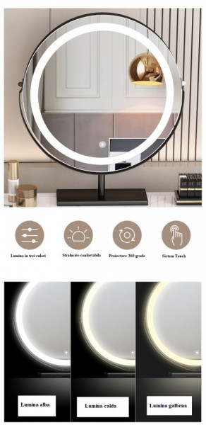 Masuta machiaj cu Oglinda LED si 6 Sertare pentru Cosmetice, Set Masa toaleta 100 cm, Alb, masuta cosmetica, vanity - SEA83 - Img 5