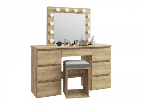 Masuta machiaj cu Oglinda LED si 7 Sertare pentru Cosmetice, Set Masa toaleta 120 cm, Stejar, masuta cosmetica, vanity - SEM508 - Img 4