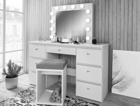 Masuta machiaj cu Oglinda LED si 7 Sertare pentru Cosmetice, Set Masa toaleta 120 cm, Alb, masuta cosmetica, vanity - SEA516C - Img 4