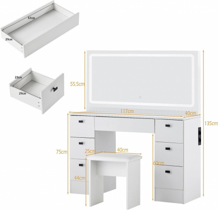 Masuta machiaj cu Oglinda LED si 7 Sertare pentru Cosmetice, Set Masa toaleta 117 cm, Alb, masuta cosmetica, vanity - SEA475 - Img 3