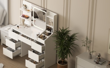 Masuta machiaj cu Oglinda LED si 7 Sertare pentru Cosmetice, Set Masa toaleta 110 cm, Alb / Negru / Roz, masuta cosmetica, vanity - SEA820 - Img 7