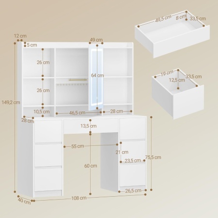 Masuta machiaj cu Oglinda LED si 7 Sertare pentru Cosmetice, Set Masa toaleta 108 cm, Alb, masuta cosmetica, vanity - SEA4 - Img 5