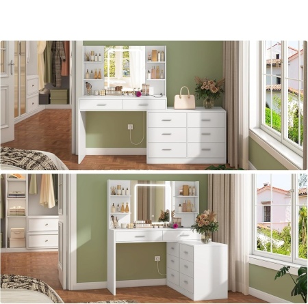Masuta machiaj cu Oglinda LED si 8 Sertare pentru Cosmetice, Set Masa toaleta 167 cm, Alb, masuta cosmetica, vanity - SEA819 - Img 9