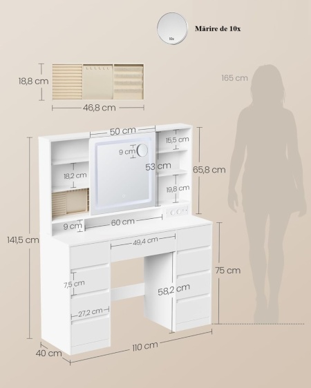 Masuta machiaj cu Oglinda LED si 9 Sertare pentru Cosmetice, Set Masa toaleta 110 cm, Alb, masuta cosmetica, vanity - SEA822 - Img 8