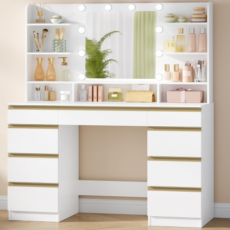 Masuta machiaj cu Oglinda LED si 9 Sertare pentru Cosmetice, Set Masa toaleta 109 cm, Alb, masuta cosmetica, vanity - SEA821 - Img 10