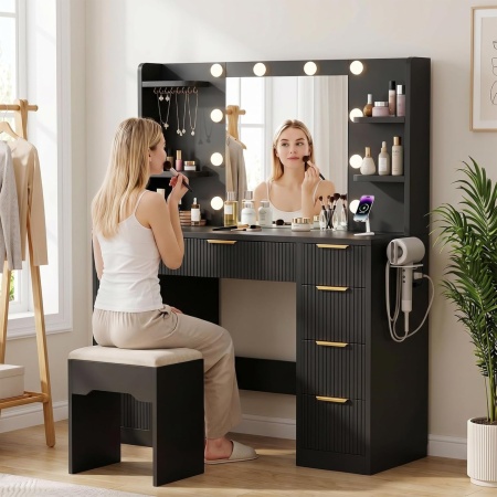 Masuta machiaj cu Oglinda LED si 9 Sertare pentru Cosmetice, Set Masa toaleta 108 cm, Alba sau Neagra cu Riflaj, masuta cosmetica cu Prize, USB, USB-C si Suport Uscator de Par, Suport Bijuterii vanity - SEA202 - Img 4