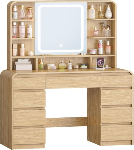 Masuta machiaj cu Oglinda LED si 9 Sertare pentru Cosmetice, Set Masa toaleta 108 cm, cu Priza si USB, masuta cosmetica Maro, vanity cu Rafturi - SEM1 - Img 6