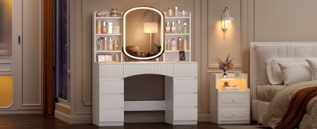 Masuta machiaj cu Oglinda LED si 9 Sertare si Rafturi pentru Cosmetice, Set Masa toaleta 108 cm, Alb, masuta cosmetica cu Priza si USB, vanity cu Dulapior - SEA17 - Img 6