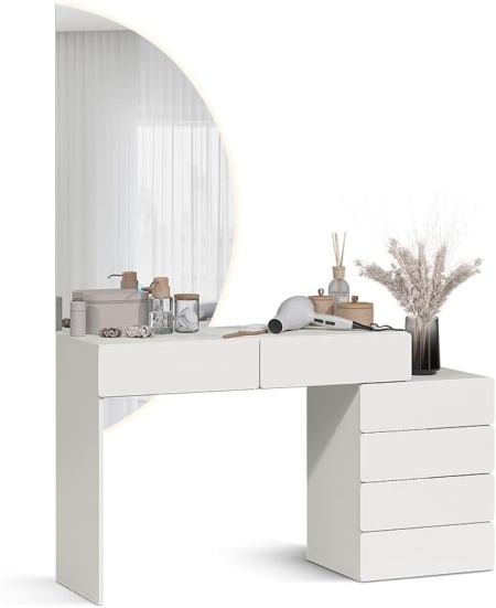 Masuta machiaj cu Oglinda Semiluna LED si 6 Sertare pentru Cosmetice, Set Masa toaleta 100 cm, Alba, masuta vanity, cosmetica - SEA837 - Img 4