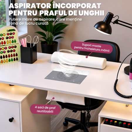 Masuta manichiura Alba,108 cm, birou, masa cosmetica pentru salon cu Aspirator Incorporat, Pernita si LED - MANIA213 - Img 2
