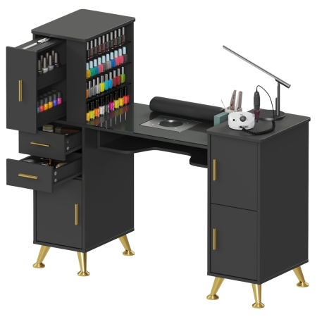 Masuta manichiura Alba / Roz / Neagra, 122 cm, birou cu Blat din Sticla, masa cosmetica pentru salon cu Aspirator Incorporat, Pernita si Vitrina din Sticla - MANIA214 - Img 3