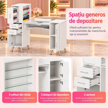 Masuta manichiura Alba / Roz / Neagra, 122 cm, birou cu Blat din Sticla, masa cosmetica pentru salon cu Aspirator Incorporat, Pernita si Vitrina din Sticla - MANIA214 - Img 8