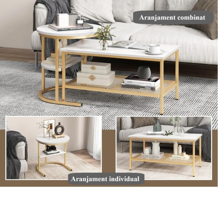 MCAU19 - Set 2 masute de cafea 80 cm si 52 cm, mese pentru living - Alb - Negru / Auriu - Img 2