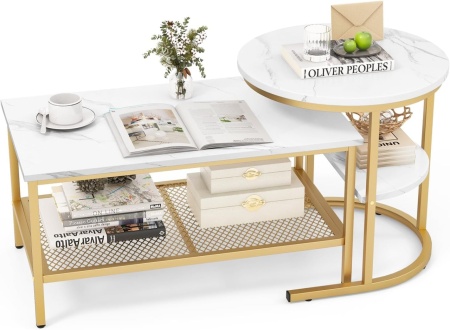 MCAU19 - Set 2 masute de cafea 80 cm si 52 cm, mese pentru living - Alb - Negru / Auriu - Img 11