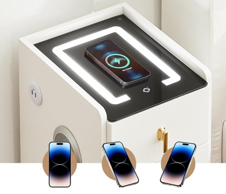 NOA1 - Set 2x Noptiere Smart, 30 cm, cu 3 sertare, LED, USB, Bluetooth, Incarcator Wireless, mobilier dormitor - Alb - Img 8