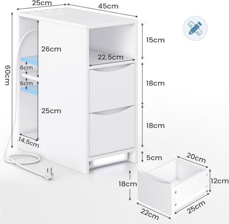 NOA203 - Set 2x Noptiere Smart foarte inguste, 25 cm, cu Priza si USB, LED, 2 sertare si raft - Alb - Img 2