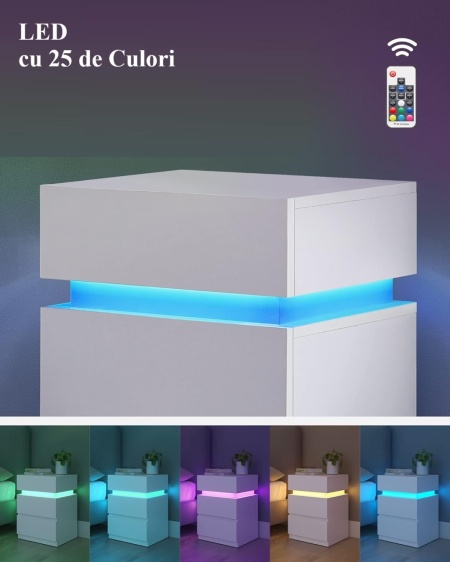 NOA28 - Set 2x Noptiere albe 40x35x55 cm, cu 3 sertare si LED, dormitor - Alb - Img 8