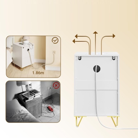 NOA45 - Set 2x Noptiere albe 40x40x63cm, riflaje, cu sau fara Priza, cu 3 sertare, dormitor - Alb-Auriu - Img 10