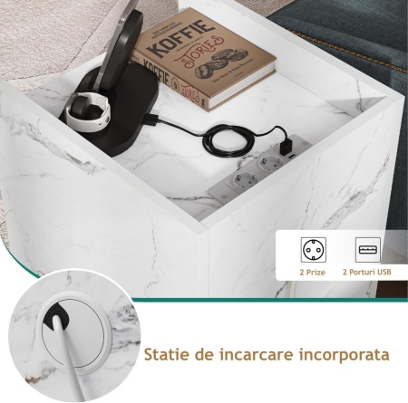 NOA64 - Set 2 Noptiere albe 35 cm, cu 3 sertare Priza si USB, dormitor - Alb Imitatie de Marmura - Img 8