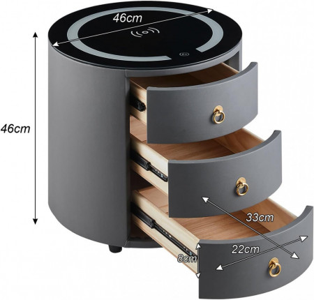 NON213 - Set 2x Noptiere Gri rotunde, 40 cm, cu 2 sertare, cu LED si incarcator Wireless, dormitor - Img 6
