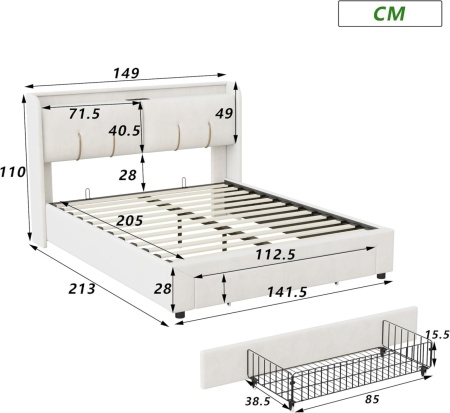 PAC2 - Pat tapitat catifea, 140 / 160 x 200 cm cu Priza, USB, USB-C, LED, Sertar, Somiera Hidraulica, Spatiu depozitare si Raft - Alb (crem) - Img 7