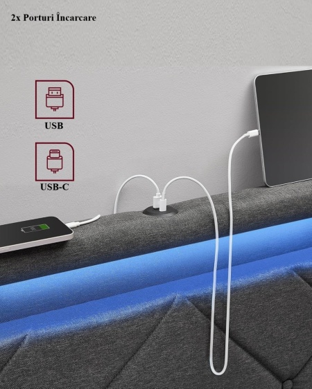 PAG2 - Pat tapitat, 140 sau 160 x 200 cm, cu 4 Sertare, LED, USB si USB-C, Organizatoare Carti - Gri - Img 3