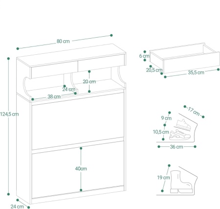 PANA35 - Pantofar 80 cm ingust, 2 compartimente, Sertare si Rafturi, pantofare, depozitare pantofi, mobilier hol - Alb / Negru - Img 6