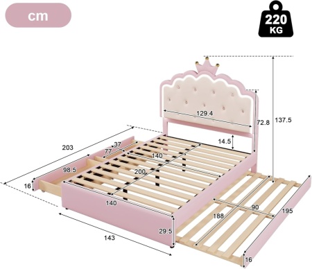 PARC203 - Pat tapitat cu LED, 90 / 140 x 200 cm - patut copii, fetite cu sau fara Spatiu depozitare sau Sertar - Piele ecologica Roz - Img 3