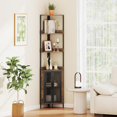 RAAU15 - Raft colt cu 3 polite si 1 dulap, 32 cm pentru birou, hol, living, baie - Auriu Alb / Maro - Img 2