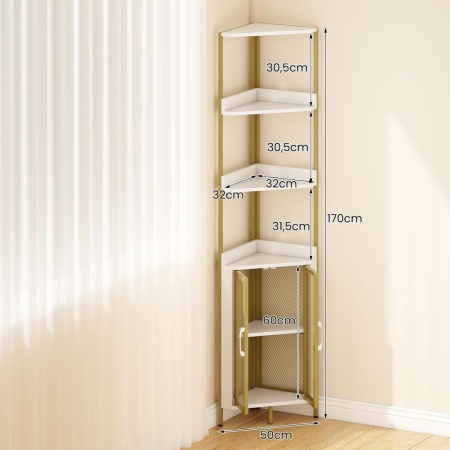 RAAU15 - Raft colt cu 3 polite si 1 dulap, 32 cm pentru birou, hol, living, baie - Auriu Alb / Maro - Img 8