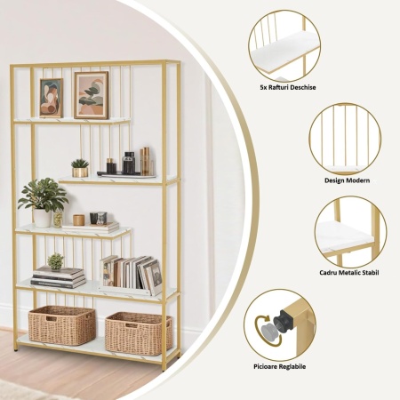 RAAU211 - Raft manichira, 100 cm pentru salon cosmetica, birou, hol, living, baie - Alb imitatie de marmura - Auriu - Img 3
