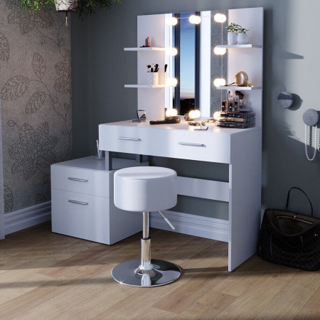 SEA390 - Set Masa alba toaleta 132 cm cosmetica machiaj, oglinda cu sau fara LED, masuta vanity