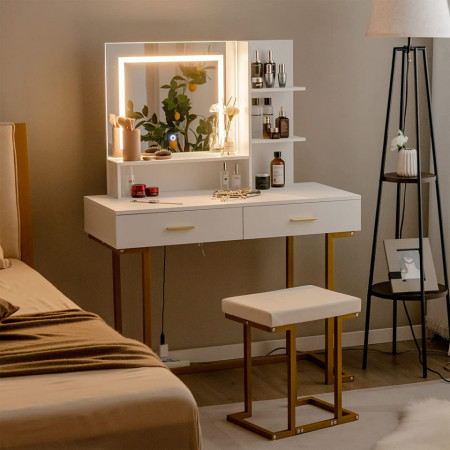 SEA397 - Set Masa toaleta, 100 cm, cosmetica machiaj, oglinda cu LED, masuta vanity, scaun tapitat - Alb-Auriu