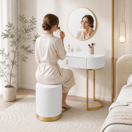 SEA75 - Set Masa toaleta, 100 cm, cosmetica, masa machiaj cu oglinda, masuta vanity cu scaun - Alb-Auriu - Img 4