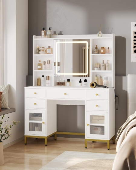 SEA827 - Set Masa toaleta 110 cm, cu Priza si USB, 5 Sertare, rafturi, Oglinda cu LED, Organizator Bijuterii, masuta vanity, make-up - Alb - Auriu - Img 5