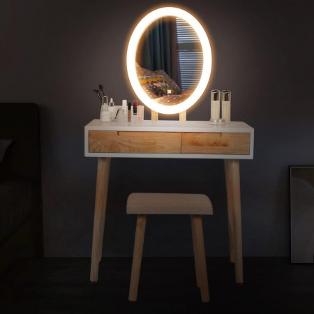 SEM234 - Set Masa toaleta, 80 cm, cosmetica machiaj, oglinda cu LED, masuta vanity, scaun tapitat - Alb - Maro