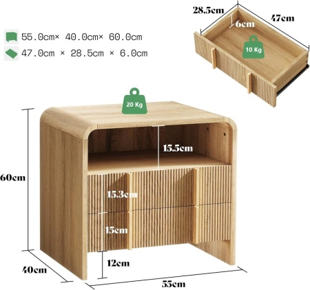Set 2x Noptiere 55 x 40 x 60 cm, cu 2 sertare si raft, dormitor, Noptiere moderne cu Riflaj - NOM1 - Img 9