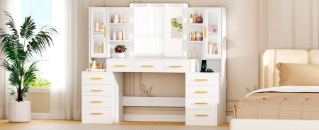 Set Masa toaleta alba 160 cm, cu Priza si USB, cosmetica, machiaj, oglinda cu LED, masuta vanity cu Blat de Sticla, make-up - SEA437 - Img 9