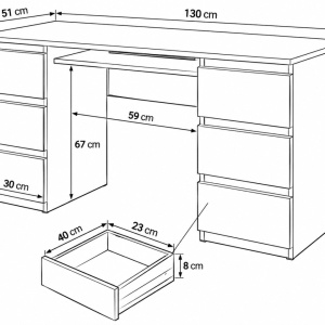 BIA501 - Birou 130 cm, masa office cu 6 sertare - Alb - Img 3