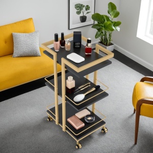 CMAU204 - Carucior 43 cm, cu Rafturi si Roti, masuta manichiura, ucenic cosmetica, masa coafor, masuta auxiliara - Auriu cu Alb sau Negru - Img 2