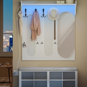 Cuier de perete alb cu LED, 92 cm, cu 10 agatatori haine, cu Oglinda si Raft - CUIA4 - Img 2