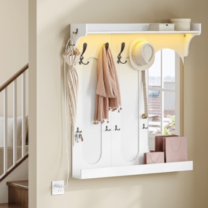 Cuier de perete alb cu LED, 92 cm, cu 10 agatatori haine, cu Oglinda si Raft - CUIA4 - Img 10
