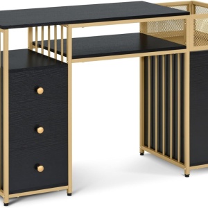 MANIAU205 - Masuta manichiura, birou, 125 cm, masa cosmetica pentru salon - Alb / Negru - Auriu - Img 5