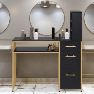 MANIAU209 - Masuta manichiura, 108 cm, birou cu 3 sertare si rafturi, masa cosmetica pentru salon - Alb / Negru - Auriu